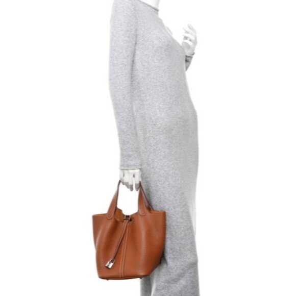 Pre-owned Hermès Taurillon Clemence Picotin 22 Palladium Hardware Tote Gold Brow - Picture 9 of 9
